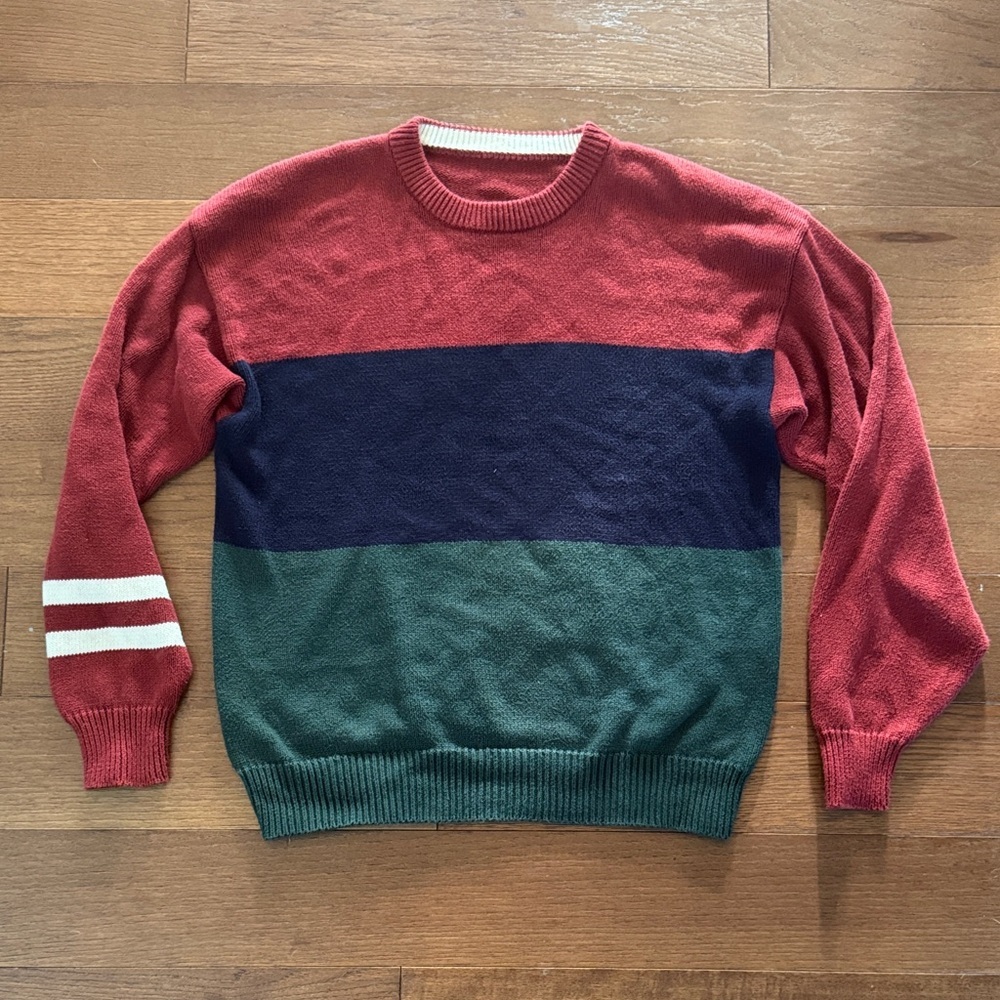 Vintage Men's Colorblock Crewneck Sweater - Red, Navy & Green w/ White Stripes